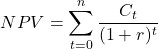 \[ NPV = \sum_{t=0}^{n} \frac{C_t}{(1+r)^t} \]